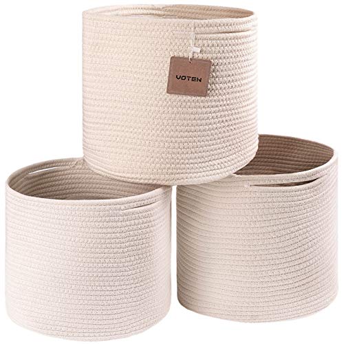 Image of voten Storage Cubes Bins Organizer 11x11x11'' Fit 12x12''Cube Storage Bookcases Shelves,Durable Woven Cotton Basket for Organizing,Round 3Pack Off White