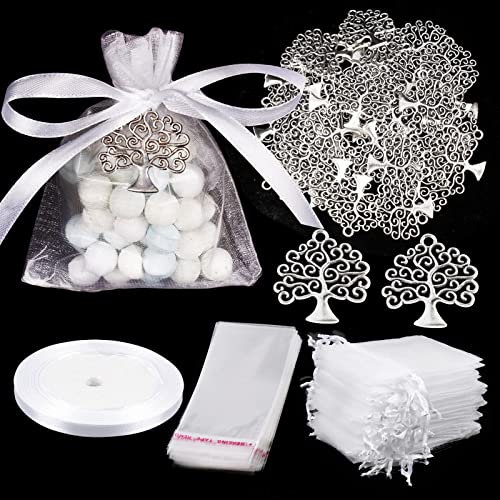 50pz Ciondolo Albero della Vita 50pz Sacchetti Matrimonio Bomboniere 50pz Sacchetti Plastica Nastro Bianco Portaconfetti Addobbi Regalo Prima Comunione Cresima Battesimo