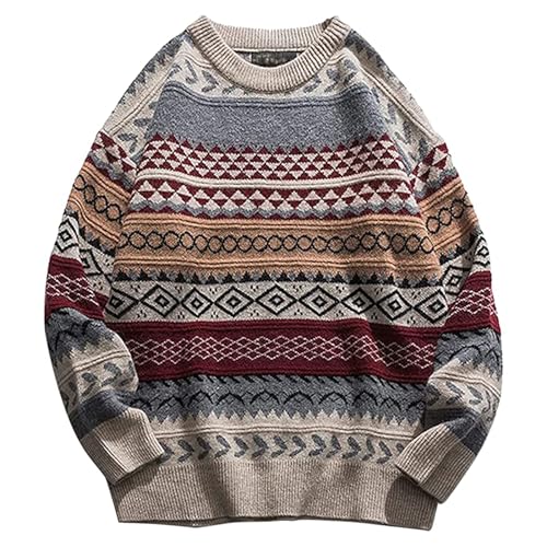 Arssm Mens Vintage Sweater Grandpa Oversized Cable Knit Crewneck Pullovers Casual Long Sleeve Striped Sweater(Red-M)