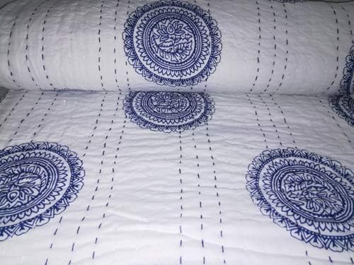 Kantha Queen Quilt Bedspread Throw Cotton Bedding Blanket Chakara Hand Print Bed