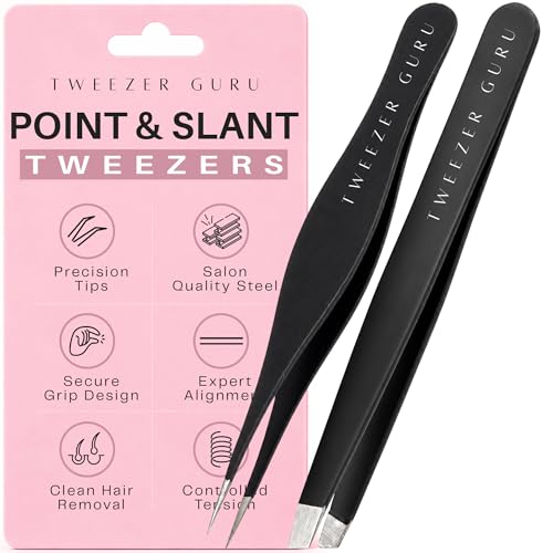 Tweezer Guru Ingrown Hair Tweezers - Pointed Precision Tweezers for Eyebrows & Ingrown Hair Removal - Blackhead and Splinter Tweezer with Sharp Needle Nose Point (2 Piece Set, Black (Point+Slant))