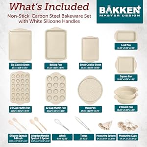 BAKKENMASTE 18-Piece Deluxe Nonstick Carbon Steel Bakeware Set - Professional Kitchen Oven Baking Pans with White Silicone Handles and Accessories BAKKENMASTE 18 Piece Deluxe Nonstick Carbon Steel Bakeware Set Professional Kitchen Oven Baking Pans with White Silicone Handles and Accessories