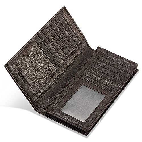 Image of HISCOW Full Grain Leather Men's Long Wallet, 15 Card Slots, Pebbled Coffee, 6.97 inchH x 3.5 inchW x 0.98 inchD, Classic | Gusseted bill compartment, tall bifold design, clear ID window, ideal for coat pockets or briefcases, turned-edge, gift box