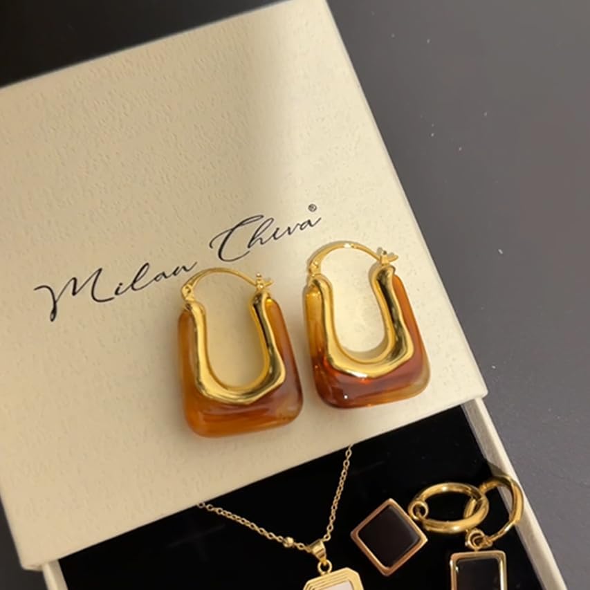 Milan Chiva 14K Gold Acrylic Rectangle Clear Earrings for Women, Plated Chunky Earrings Geometric Minimalist Statement Lightweight Huggie Dainty Hypoallergenic Hoop Earrings for Womens Jewelry3