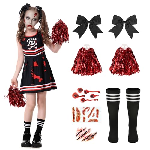 CIRCKOPS 10Pcs Halloween Cheerleader Costume for Girls, Zombie Cheer Uniform Outfit, Scary Cheerleading Costume for Party Dress Up 8-9Y Black