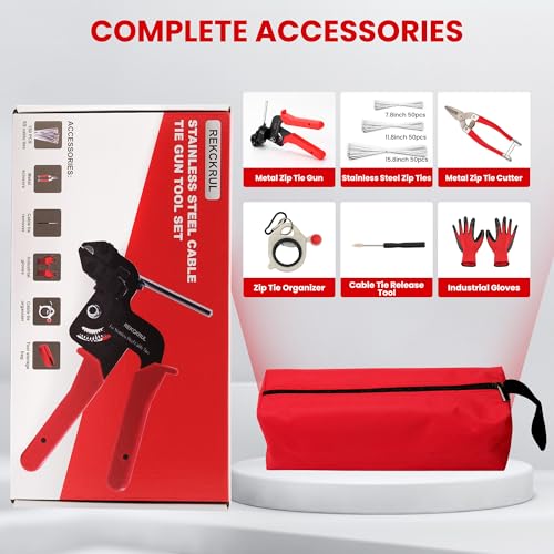 REKCKRUL Stainless Steel Cable Tie Gun Set – Heavy Duty Metal Zip Tie Tool Kit - 150PCS Self-Locking Ties, Adjustable Fastening & Cutting Tool for Outdoor Fencing, Automotive, Exhaust Pipes (Red)