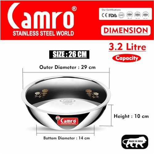 Image of Camro Triply Artisian Tasla (4 Liters, 26 Cm) with Steel Lid | Stainless Steel Induction Friendly | 3-Layer Body, Dishwasher Safe | 6 Years Warranty