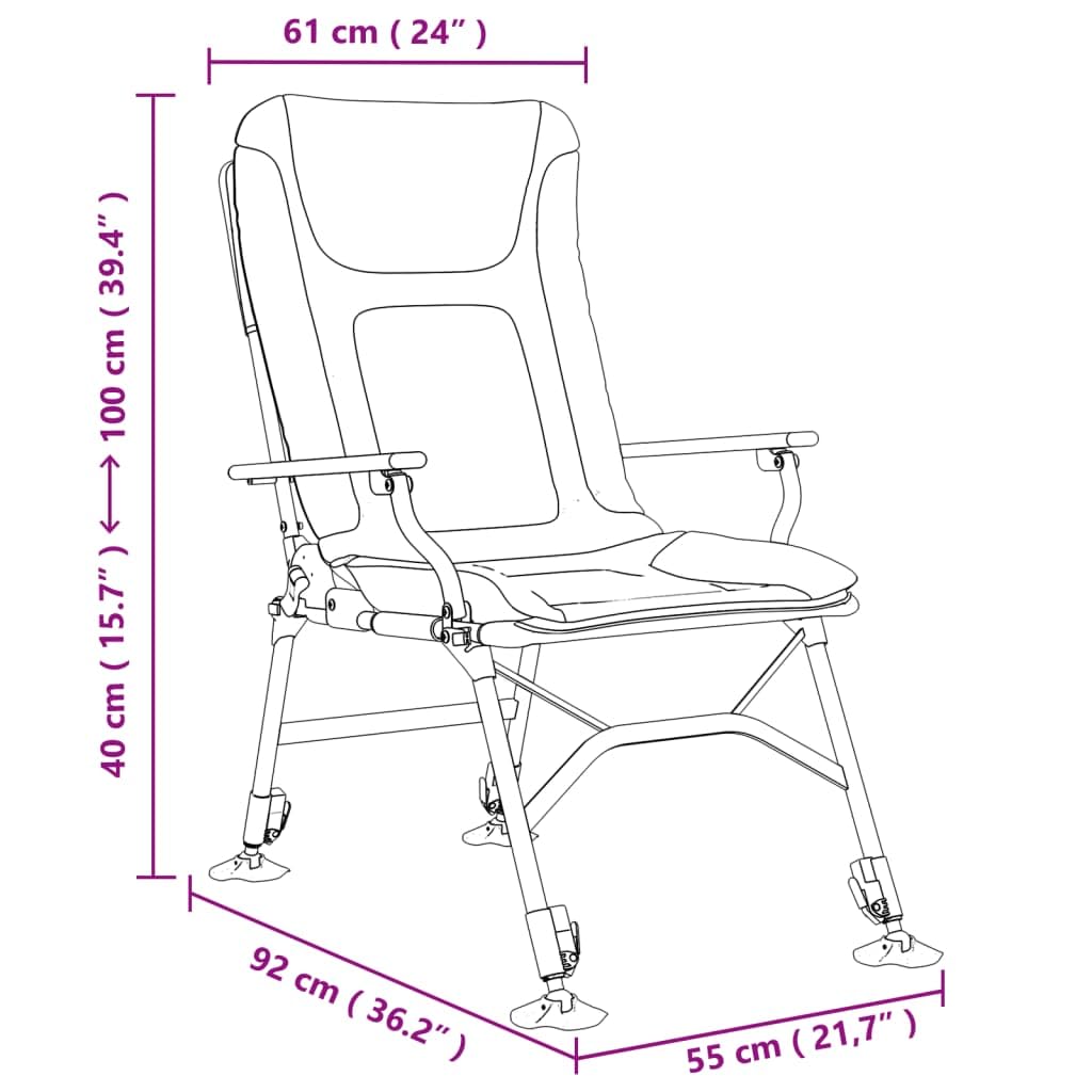 Krzesło wędkarskie z podłokietnikami składane, stalowy stelaż, zielony, 61 x 92 x 100 cm, regulowane oparcie 0-180 stopni, wyściełane, składane krzesło do ogrodu, na kemping, balkon i taras