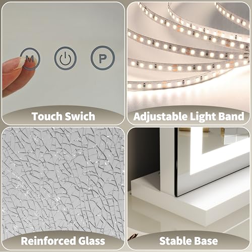 FENNIO 23" x 18" Vanity Mirror with Lights,LED Makeup Mirror,Hollywood Mirror with 3 Color Modes & Adjustable Brightness,Vanity Mirror Square White
