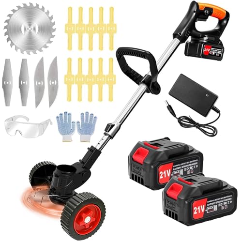 DéBroussailleuse à Batterie Electrique 21V Coupe Bordure sans Fil avec Batterie&Trois Types De Lames& Faible Bruit La Longueur Peut être ajustée pour Jardin, Pelouse, Ferme