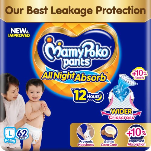 Image of New Mamypoko Pants Premium All Night Absorb| Pant Style Baby Diapers Large Size(L), 62 Count, Ideal for 9-14Kgs|1 Diaper= Upto All Night Absorption now with 10% increased power|Wider Crisscross Sheet|Gentle Coco Care| 12hr Leakage Protection| Prevents Heaviness.