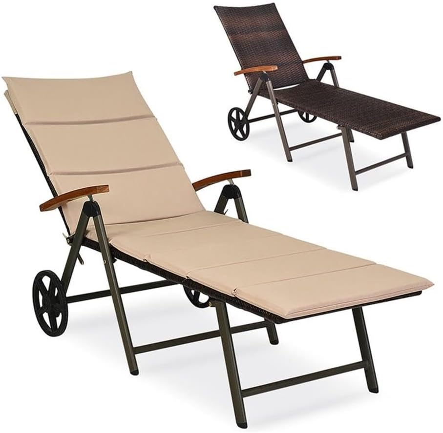 Pemberly Row Aluminum Rattan Patio Lounger Recliner Chair, Adjustable Backrest, Folding Design, Weather-Resistant Brown Finish with Wheels, 56.5-73" L x 27.5" W x 29.5-44" H, Outdoor Furniture for