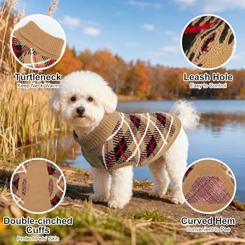 Image of BEAUTYZOO Small Dog Sweater, Plaid Knit Winter Clothes with Harness Hole