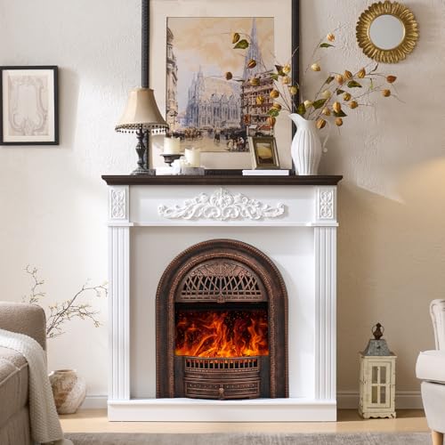 Image of 45 inch Electric Fireplace with Mantel, Farmhouse FreeStanding Electric Fireplace Heater Entertainment Center Wooden TV Stand, 30'' Fireplace Insert Heater for Living Room,Bedroom-Bronze Heater