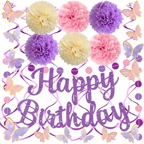 Pink Purple Birthday Decorations, Happy Birthday Banner and Paper Pompoms, Hanging Swirls, Circle Dots Garland, Butterfly Stickers Cake Toppers for Girls Women Party Decorations