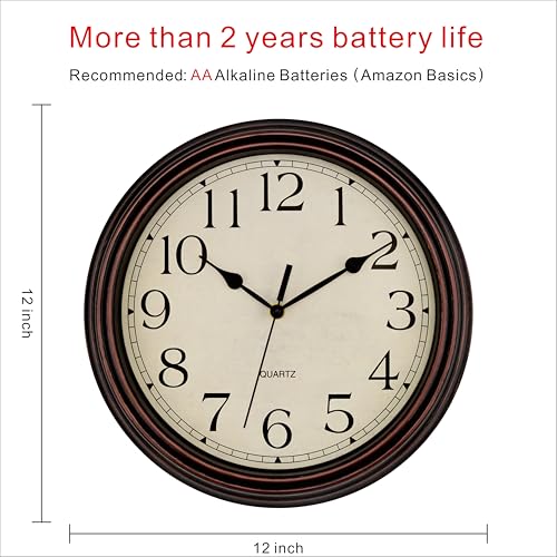 Foxtop Retro Silent Non-Ticking Round Classic Clock Quartz Decorative Battery Operated Wall Clock for Living Room Kitchen Home Office 12 Inch (Bronze)2