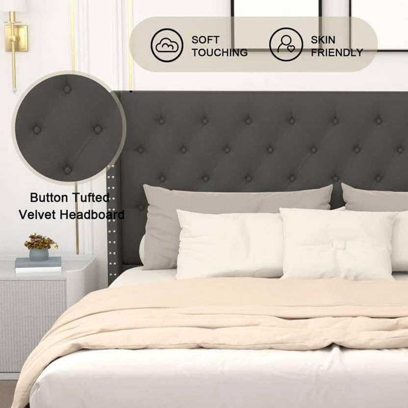 Image of Custom Decor Fabric Upholstered King Size Bed with Button Tufted Headboard for Bedroom || Solid Wood Bed | (Grey Royal, King (U.K. Standard))