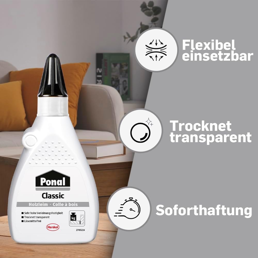 Ponal Classic, gebrauchsfertiger Holzleim mit hoher Verleimungsfestigkeit, Holzkleber für Montage-, Flächen- & Fugenverleimungen, transparenter Bastelleim, 12x225g