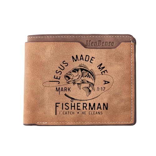 Kasutoo Men's PU Wallet Multiple Card Slots, Id Window with Laser Engraving Pattern (Jesus Made Me a Marked Fisherman)