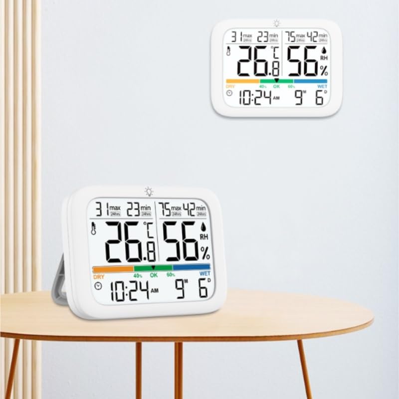 Home Digital Indoor Temperature Humidity Meter with Clock Magnetic Wall Mount for Time Retention