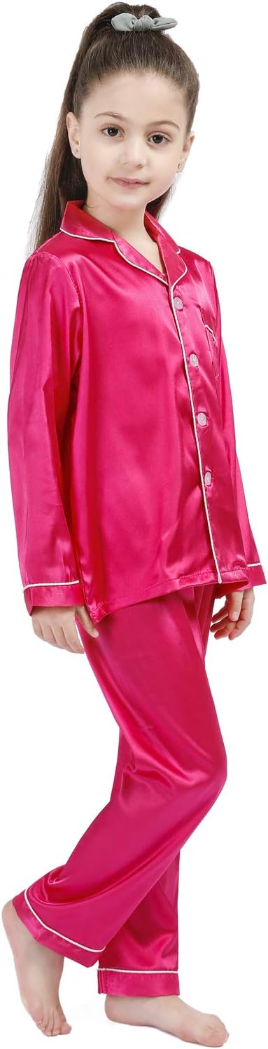 Kid Silky Satin Pajamas Set for Girls Boys pj Set Sleepwear Button-up Lounge Sets Nightwear - Image 3