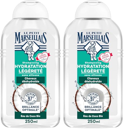 Le Petit Marseillais - Shampooing Hydratation Légèreté Eau de Coco Bio (flacon de 250 ml) – Shampoing sans silicone pour cheveux déshydratés – Soin...