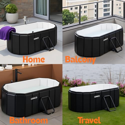Image of Portable Foldable Adult Bathtub for Home, Large Plastic Soaking Tub with Drain Pipe, Freestanding Spa Bath Tub for Hot & Cold Bath, Balcony & Small Bathroom Use (Black Max Bathtub)