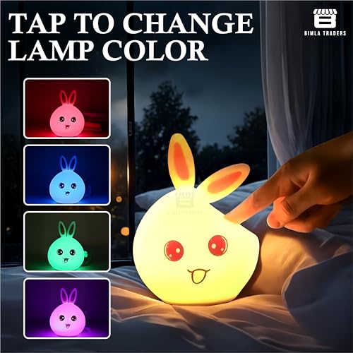 Image of CRAE Big Face Rabbit Night Lamp for Kids | LED Lamp with Touch Sensor | Silicone Lamp | Birthday Gift for Girls /Boys | Baby Bedroom Decor, Fluorescent (RABIT)