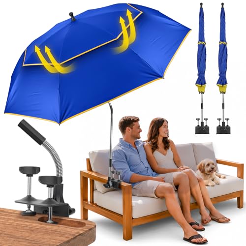 Chair Umbrella with Clamp,2 PACK-53 inch Large Beach Chair Umbrella with Universal Clamp, 50+ UV Protection,360°Swivel,Folding Clip on Sun Umbrellas for Camping, Bench Chairs,Golf Cart,Table(Blue)