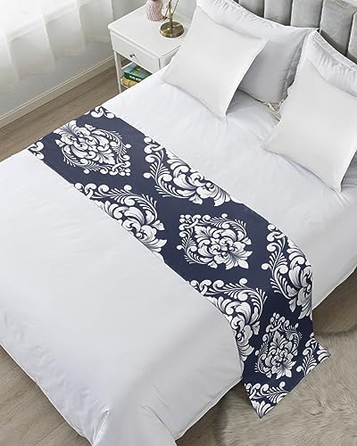 Navy Blue Paisley Bed Runners for Cal King Size Bed, Decorative Bed Throws for Foot of Bed, Luxurious Modern White Abstract Art Aesthetics Bed Runner Sofa Throw Bedding Scarf Protector for Bedroom