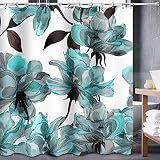 Teal Shower Curtain,Turquoise Flower Floral Shower Curtain with 12 Hooks, Blue Watercolor Colorful A