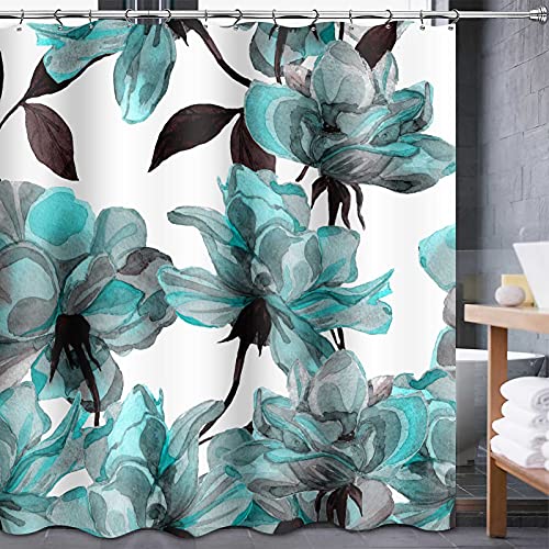 Teal Shower Curtain,Turquoise Flower Floral Shower Curtain With 12 Hooks, Blue Watercolor Colorful Abstract Shower Curtain, Washable Waterproof Fabric Shower Curtain Set For Bathroom (72" X 72") #TOP29