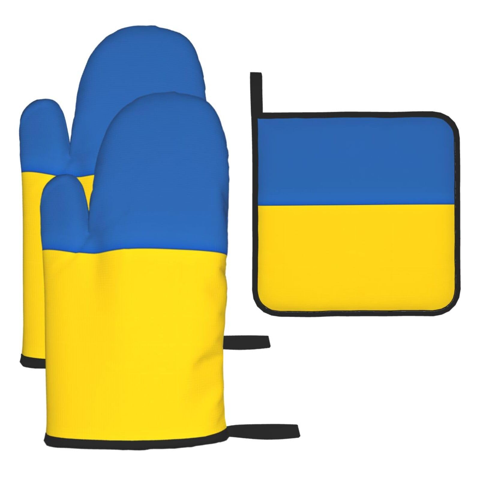 Flag of Ukraine Oven mittens and oven mitts three-piece set suitable for oven, grilling, baking, microwave and home cooking.