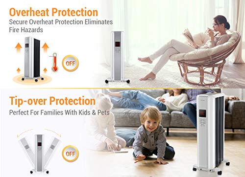 Space Heater, 1500W Oil Filled Radiator Heaters Indoor Portable Electric with Remote, Built-in 24-Hrs Auto On/Off Timer, Digital Thermostat, ECO Mode, Safe and Quiet Heater for Home Office Use, Black - Thumbnail 6