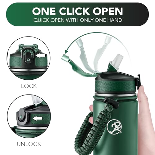 Image of GOSWAG 24oz Insulated Stainless Steel Travel Water Bottle, 2 Lids | with straw and no straw, Paracord handle, Double-wall vacuum keeps drinks cold or hot, Leakproof tumbler