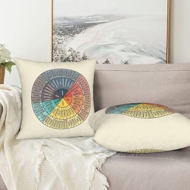 Wheel of Emotions Feelings Throw Pillow Covers Square Pillowcases for Bed Couch Sofa Therapy Office Living Room Cushion Covers Counselor Physical Therapist (Set of 2, 18x18 inches)