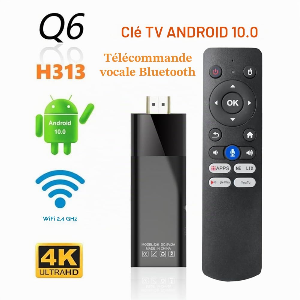 Q6 Mini clé TV + télécommande vocale Bluetooth Android 10 2 Go + 16 Go 2,4 G + 5 G WiFi + BT4.0 H313 Smart TV Box Android Facile à utiliser
