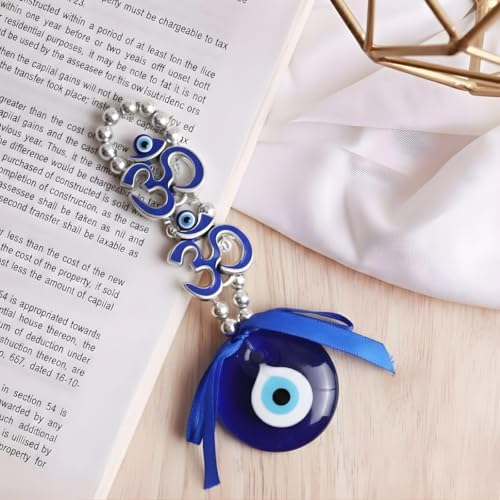Image of Blue Evil Eye Hanging with Om Symbol for Car Rear View Mirror, Home Decor Nazar Protection Charm Spiritual Gift Item