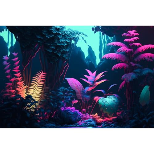 Jungle Aquarium Background Dense Jungle with Leaves Flowers In Pastel Colors Under Neon Light Terrarium Background Abstract Clear Pastel Colors Jungle Theme Landscape Fish Tank Background 24x16in