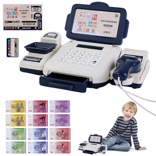 Caja registradora de Juguete con escáner, Caja registradora con función de calculadora para niños con Tarjeta de crédito de Dinero, Compras educativas hasta Juguetes para Juegos de rol, Azul, Juguete