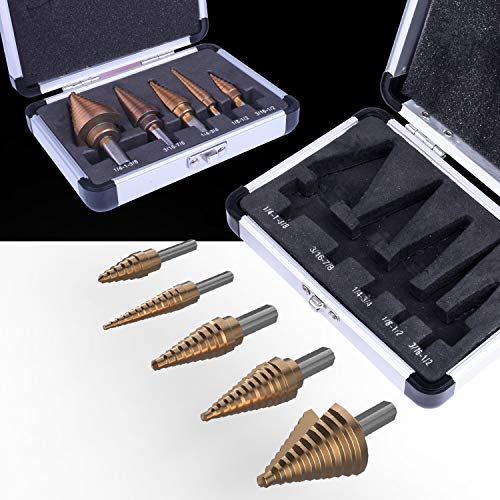 NOUVCOO 5PCS HSS Cobalt Titanium Step Drill Bit Set Tools, High Speed Steel Total 50 Sizes with Aluminum Case NC03