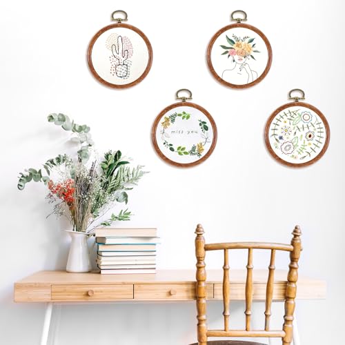 Image of 10 Pcs Round Embroidery Hoops Frame, Adjustable Circle Embroidery Hoop Ring, Circle Rubber Hoops Ring Display Ornament Imitated Wood Frame Kits for Craft Sewing DIY Hanging Gifts