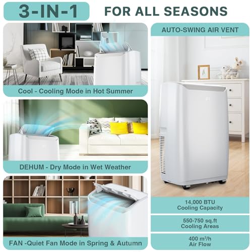 Image of 14000 BTU Portable Air Conditioners, 3-In-1 Unit Offers Fast Cooling, Dehumidification, Three-Speed Fan for Rooms Up to 750 Sq. Ft, with a 24-Hour Timer, Remote Control, and Operates Quietly