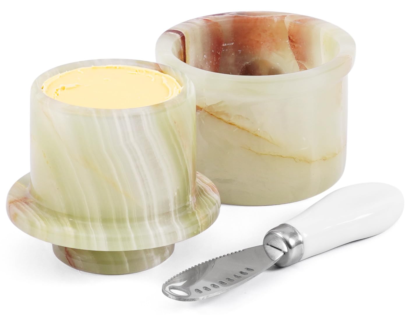 EarthenTones Marble Butter Keeper with Lid and Knife, French Butter Crock and Small Dish for Spreadable Butter, Elegant Kitchen Decor and Handmade Table Accessory