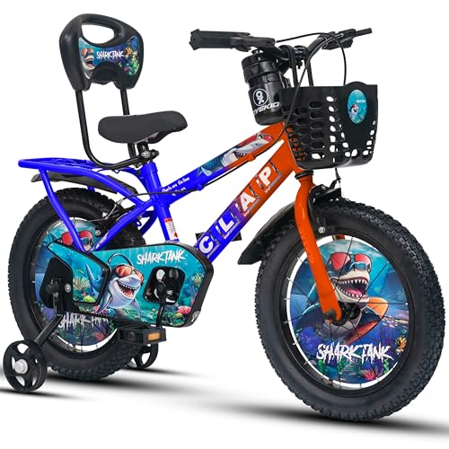 Image of Shark Tank 16T Kids Bicycle for Boys & Girls with Inbuilt Carrier, Front Basket, PU Soft Seat, Full Chain Cover & Stylish Wheelcards (Orange /Blue)