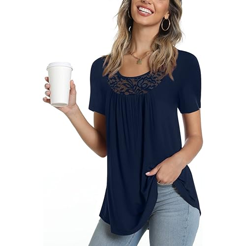 POPYOUNG Womens Summer Casual Short Sleeve Tunic Tops Ruffle Button Loose Blouse T-Shirts