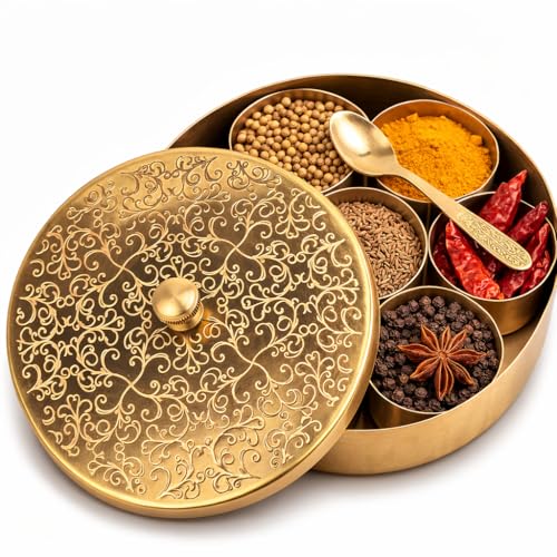 Image of Handcrafted Masala Box with Spoon | 7-Container Spice Box (40 ml Each) | 7 Inch Masala Dabba for Kitchen Storage | Traditional Masala Petti Spice Container Set | Iron