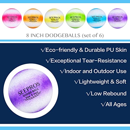 Seepros Foam Dodgeball Set Gator Balls - Soft Skin, Low Bounce, Neon Color, Set Of 6 With Mesh Storage Bag For Kids And Adults 8 Inch #TOP2