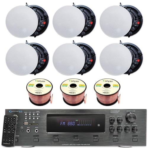 Image of Technical Pro Home Stereo System Kit - 6 Channel 6000 W Bluetooth Amplifier w / 6 Qty of 8 inch Frameless Ceiling Speakers 300 W Each, 300 ft Speaker Wire & Remote for Living Room, Office, Commercial, Bar