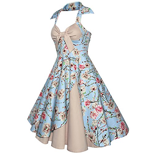 Image of Women Vintage Polka Dot 1950s Rockabilly Halter Audrey Dress Retro Floral Evening Cocktail Swing Dress